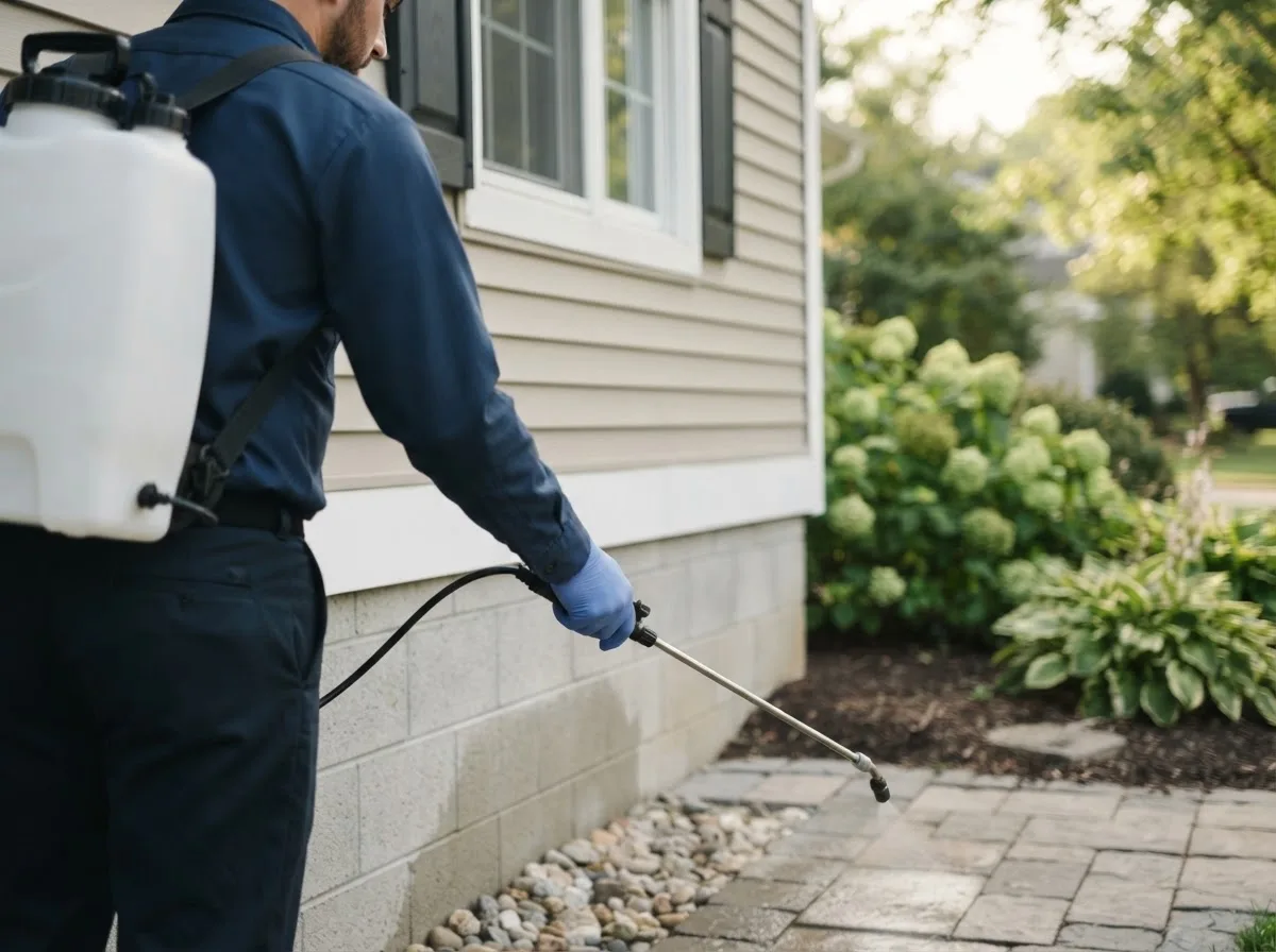 Pest control technician inspecting a home in Vredenburgh, AL